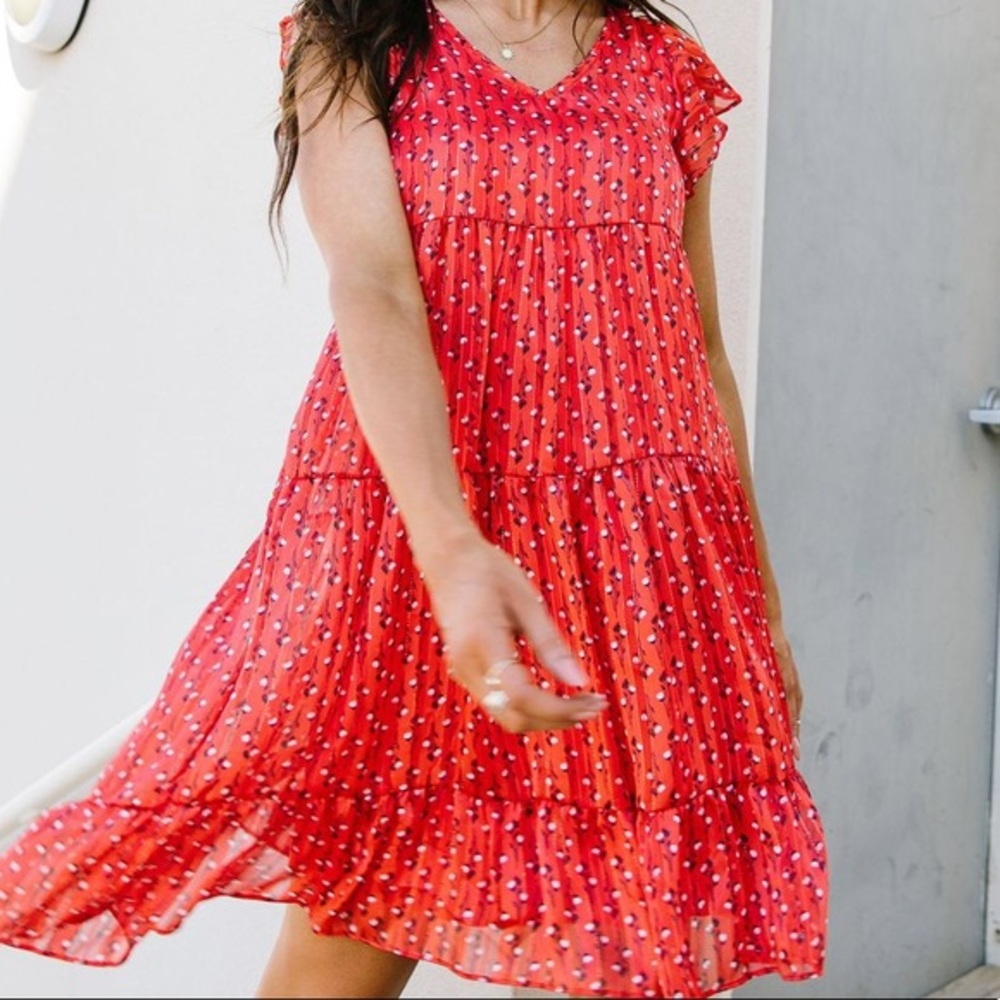 DRESS,LAYERED DELIGHT RED BABYDOLL FLUTTER LOOSEFIT SHIMMER SPARKLE THREAD DRESS